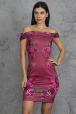 KADIN BORDO OMUZ DETAYLI ÇİÇEK DESENLİ ELBİSE