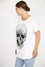 Kadın Büyük Beden Beyaz Taş İşli Bisiklet Yakalı Likralı Bluz