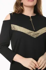 Kadın Büyük Beden Siyah Omuz Dekolteli Robası Fermuarlı Payet Detaylı Bluz 65N37509