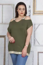 Kadın Haki Omuz Dekolteli Askı Ve Etek Ucu Payet Dantel Detaylı Bluz 65N22701
