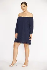 Kadın Büyük Beden Lacivert Delikiş Kumaş Yakası Lastikli Astarlı Tunik