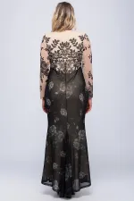 KADIN BEJ TAŞ İŞLİ ŞİFON ABİYE ELBİSE T11/19