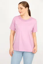 Kadın Lila Büyük Beden Pamuklu Kumaş Dantel Detaylı Bluz