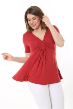 Kadın Büyük Beden Bordo Göğüs Büzgü Detaylı V Yakalı Kısa Kollu Bluz 65N37581