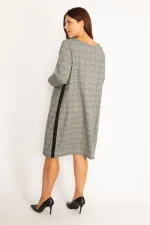 Kadın Gri Ekose Desenli Yan Şerit Detaylı Elbise 65N34611