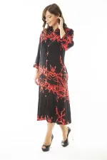 Kadın Büyük Beden Kırmızı Dokuma Viskon Kumaş Ön Boy Düğmeli Uzun Kollu Elbise 65N36887