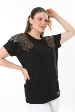Kadın Büyük Beden Saks Angels Taş Detaylı Kısa Kollu Bluz 65N37675