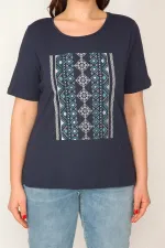 KADIN LACİVERT LAME BASKILI BİSİKLET YAKALI KISA KOLLU BLUZ