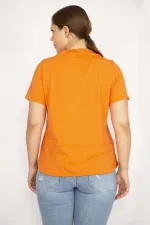 Kadın Oranj Büyük Beden Yakası Kuşgözü Bağcık Ve Taş Detaylı Sweatshirt