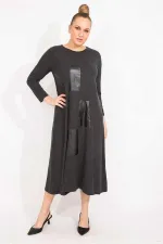 Kadın Antrasit Suni Deri Garnili Uzun Kollu Elbise 65N35528