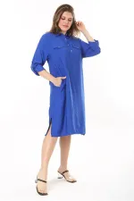 Kadın Büyük Beden Nar Ön Pat Düğmeli Süs Göğüs Cepli Kol Boyu Ayarlı Elbise 65N37871