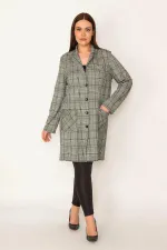 KADIN GRİ EKOSE DESENLİ ASTARSIZ ÖN DÜĞMELİ CEPLİ UZUN CEKET