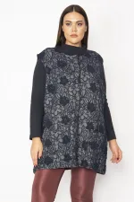 Kadın Lacivert Jakar Desenli Ön Çıtçıt Düğmeli Cepli Yelek 65N29626