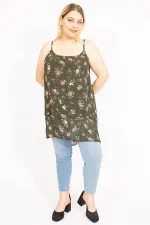 Kadın Haki Büyük Beden Şifon Kumaş Askılı Önü Katlı Bluz 65N35663