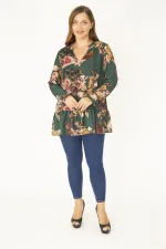 Kadın Büyük Beden Yeşil V Yakalı Etek Ucu Katlı Astarlı Şifon Tunik 65N36955