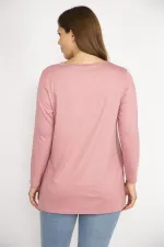 Kadın Somon Büyük Beden V Yakalı Yan Yırtmaçlı Uzun Kollu Bluz