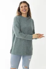 Kadın Büyük Beden Yeşil Yün Viskon Kumaş Sıfır Yakalı Yan Yırtmaçlı Tunik 65N37019