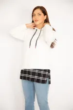 Kadın Kemik Kapşonlu Etek Ucu Ekose Garnili Sweatshirt 65N34878