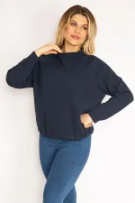 Women's Navy Blue Raglan Sleeve Hem Eyelet Lace-Up Sweatshirt 65N35182