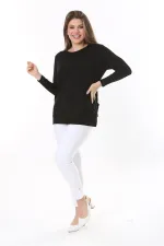 Kadın Büyük Beden Siyah Önü Taş Ve Sırtı Dantel Detaylı Uzun Kollu Bluz 65N37803