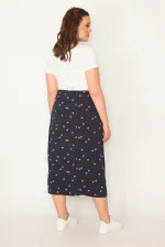 KADIN LACİVERT BEL LASTİKLİ DESENLİ ETEK