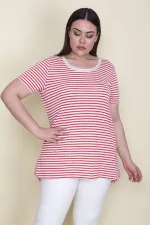 Kadın Kırmızı Yakası Tül Detaylı Simli Çizgili Bluz 65N25649