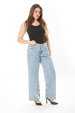 Kadın Büyük Beden Mavi Kemeri Pis Dikişli Yıkama Efektli Kot Pantolon 65N38031