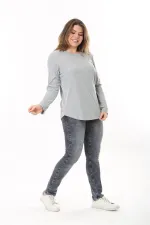 Kadın Büyük Beden Gri Bisiklet Yakalı Kendinden Çizgili Uzun Kollu Bluz 65N37529