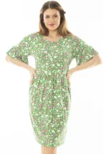 Kadın Büyük Beden Yeşil Kol Ağzı Volanlı Belden Büzgülü Çiçek Desenli Elbise 65N37079