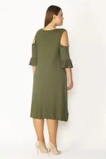 Kadın Haki Omuz Dekolteli Göğüs Büzgü Ve Kol Volan Detaylı Viskon Elbise 65N27447