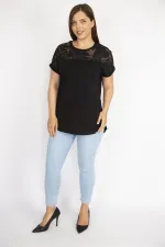 Kadın Beyaz Büyük Beden Pamuk Kumaş Robası Tül Aplike Uzun Bluz