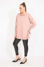 Kadın Pudra Büyük Beden Yakası Kuşgözü Ve Yan Fermuar Yırtmaçlı Sweatshirt 65N35611