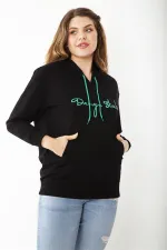Kadın Büyük Beden Siyah Kapşonlu Kanguru Cepli Sweatshirt 65N37184