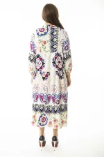 Kadın Büyük Beden Saks Dokuma Viskon Kumaş Ön Yarım Düğmeli Uzun Kollu Elbise 65N36886