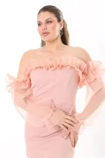 Kadın Büyük Beden Somon Yaka Ve Kolları Organze Elbise 65N37740