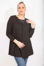 Kadın Antrasit Rahat Kesim Kaşkorse Kumaş Yakası Kuşgözü Bağcık Detaylı Uzun Tunik 65N35499