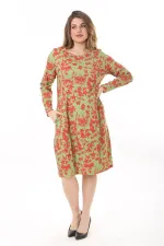 Kadın Büyük Beden Yeşil Organik Koton Kumaş Kup Detaylı Uzun Kollu Elbise 65N37626