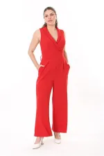 Kadın Büyük Beden Kırmızı Anvelop Yakalı Geniş Paçalı Tulum 65N37734