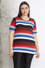 Kadın Büyük Beden Renkli Kısa Kollu Triko Dokuma Çizgili Bluz 65N36838