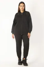 Kadın Siyah Ön Fermuarlı Taş Detaylı Kapşonlu Sweatshirt Pantolon Takım 65N28091