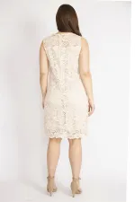 Kadın Bej Büyük Beden Arka Gizli Fermuarlı Astarlı Dantel Elbise