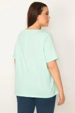 KADIN MİNT PAMUKLU KUMAŞ ÖN BASKILI KISA KOLLU BLUZ