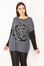 Kadın Gri Önü Flok Desen Ve Taş Detaylı İki Renkli Tunik 65N31412