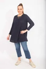 Kadın Antrasit Rahat Kesim Kaşkorse Kumaş Yakası Kuşgözü Bağcık Detaylı Uzun Tunik 65N35499