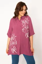 Kadın Mor Ön Düğmeli Baskı Detaylı Dokuma Viskon Kumaş Gömlek 65N33535