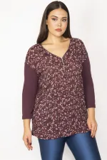 Kadın Mürdüm Ön Desenli Fermuar Patlı Kapri Kol Bluz 65N34386