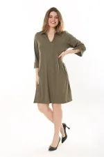 Kadın Büyük Beden Haki V Yakalı Cepli Krep Elbise 65N37658