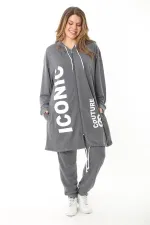 Kadın Büyük Beden Gri Baskı Ve Fermuar Detaylı Kapşonlu Sweatshirt Pantolon Takım 65N37128