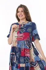 Kadın Büyük Beden Mavi Dokuma Viskon Kumaş Kısa Kollu Katlı Elbise 65N37762