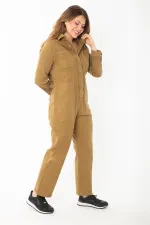 Women's Khaki Front Hidden Snap Button Pocket Denim Overalls 65N37370